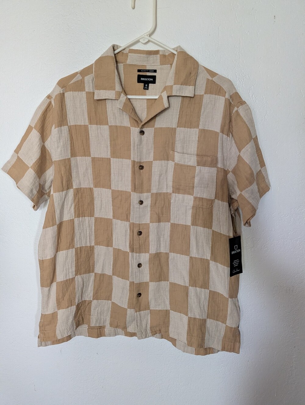 Brixton Checkered Button Up Collared Shirt Size Small New Sand Color
